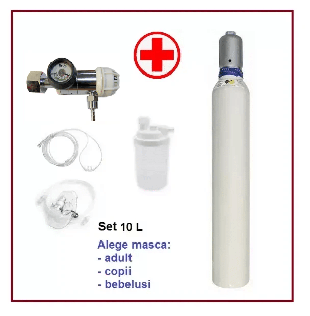 Set Complet 10 Litri (2000 Litri) Butelie Oxigen Medical cu reductor si accesorii, din aluminiu