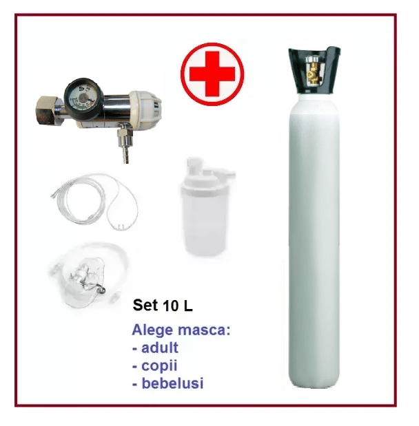 Set Butelie Oxigen Medical 10 L (2000 Litri) cu reductor si accesorii, din otel
